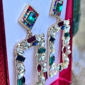 Sincerely Jules Christmas Themed Earrings Golden Rectangle Colorful Glass Stones